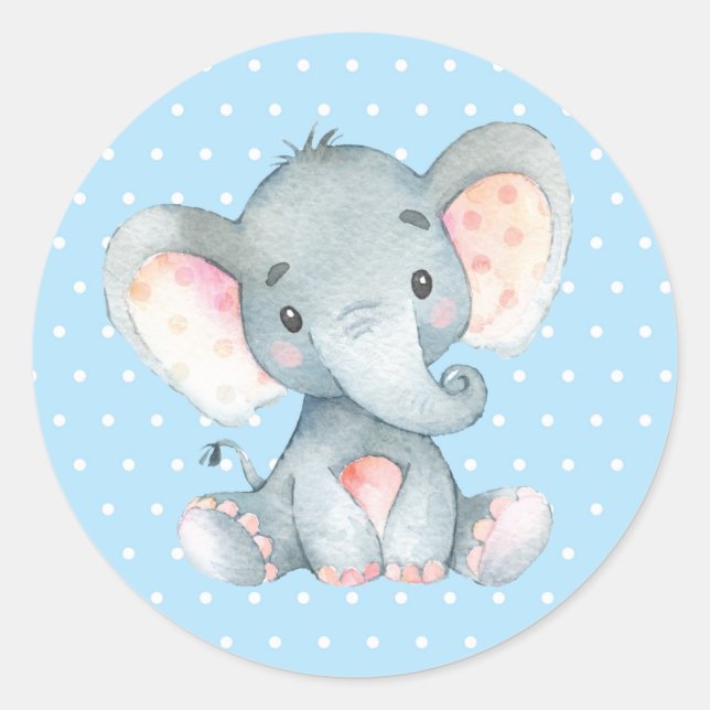 Boy Elephant Baby Shower Blue Classic Round Sticker (Front)