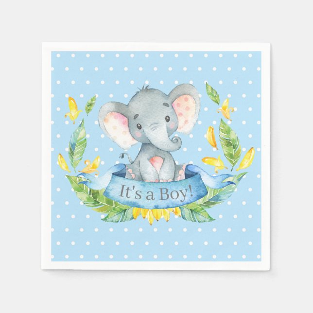 Boy Elephant Baby Shower Blue Napkins (Front)