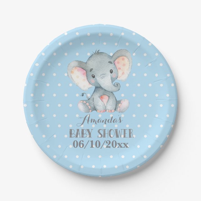 Boy Elephant Baby Shower Blue Paper Plate (Front)