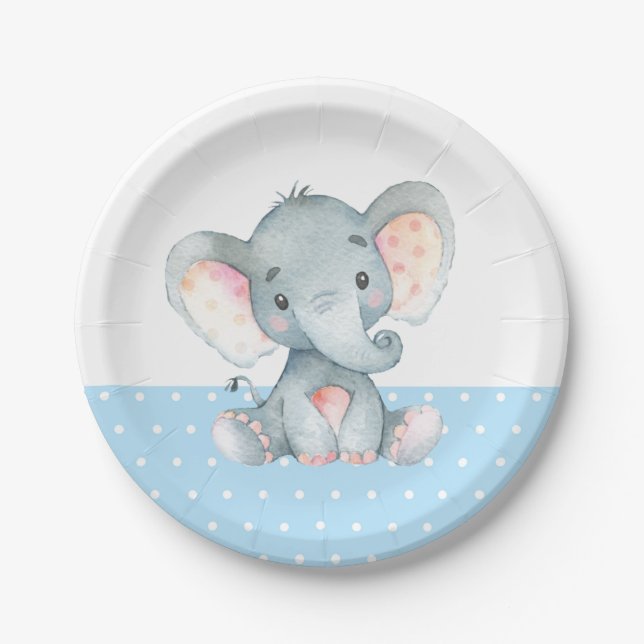 Boy Elephant Baby Shower Blue Paper Plate (Front)