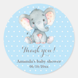 Boy Elephant Baby Shower Blue Thank You Favour Classic Round Sticker