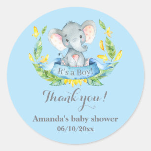 Boy Elephant Baby Shower Blue Thank You Favour Classic Round Sticker