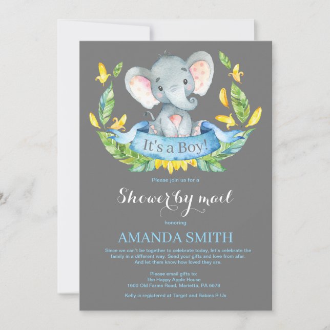 Boy Elephant Baby Shower by Mail Invitation (Front)