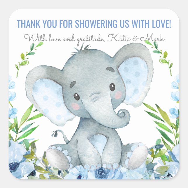 Boy Elephant Baby Shower Favour Stickers (Front)