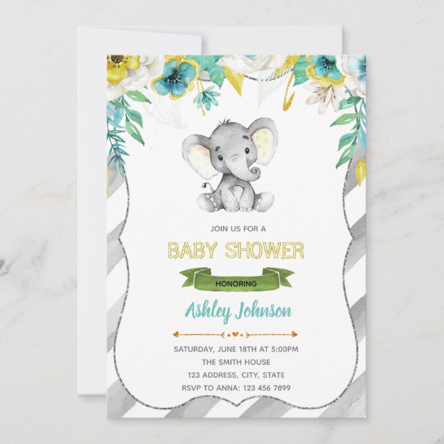 Boy elephant baby shower invitation (Front)