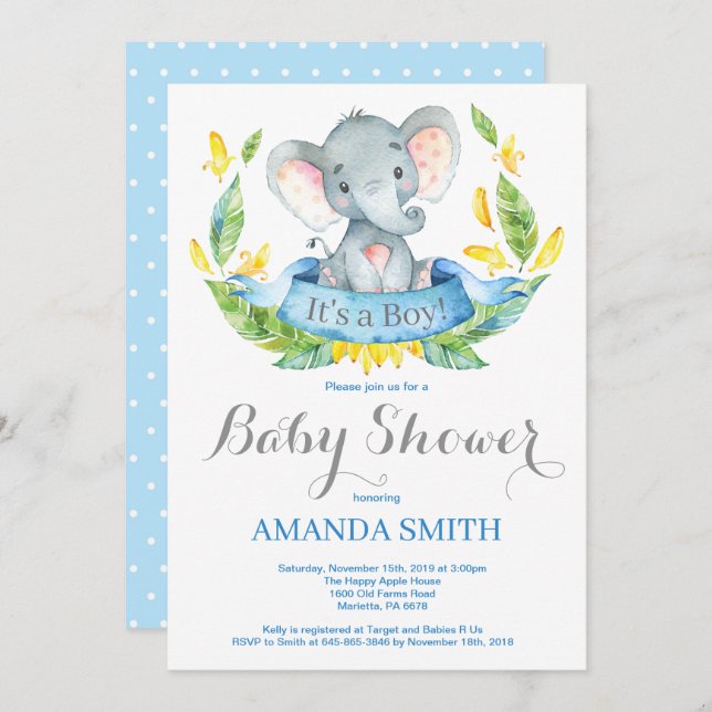Boy Elephant Baby Shower Invitation Blue and Grey (Front/Back)