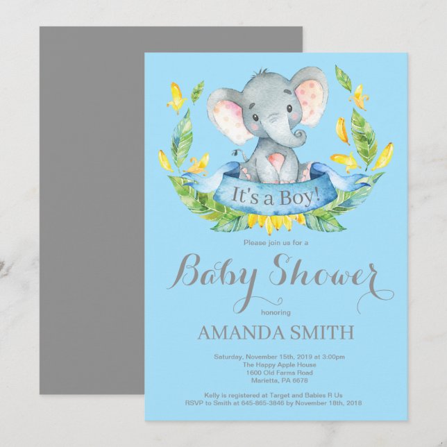 Boy Elephant Baby Shower Invitation Blue and Grey (Front/Back)