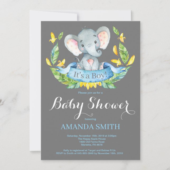Boy Elephant Baby Shower Invitation Blue and Grey (Front)