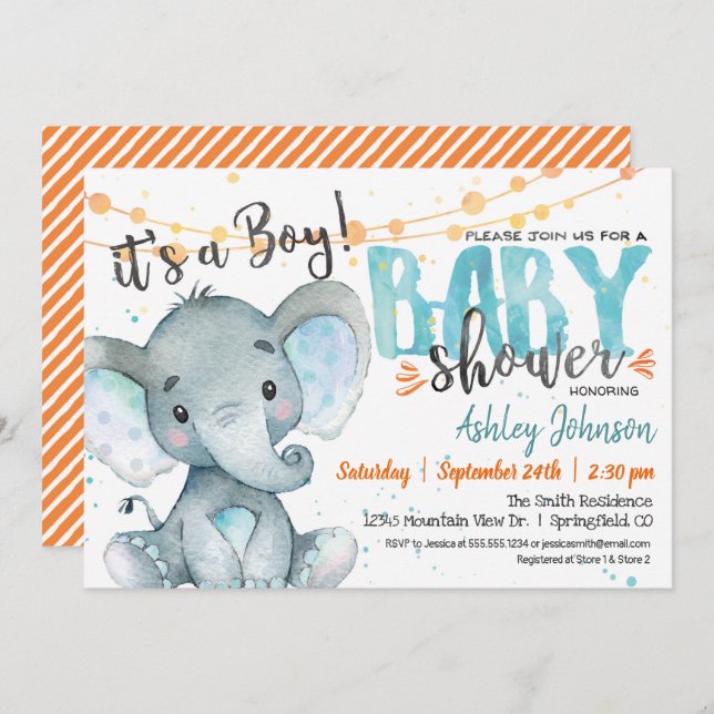 Boy Elephant Baby Shower invitation Blue & Orange (Front/Back)