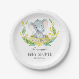 Boy Elephant Baby Shower Yellow and Grey Paper Plate
