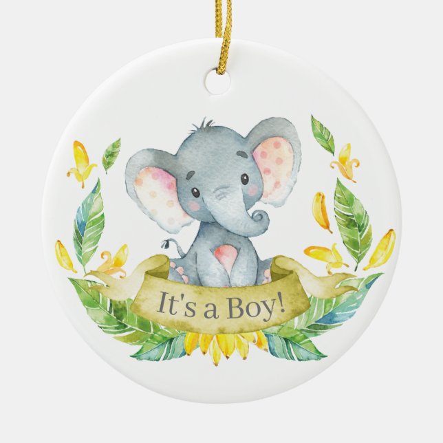 Boy Elephant Baby Shower Yellow Ceramic Tree Decoration (Front)
