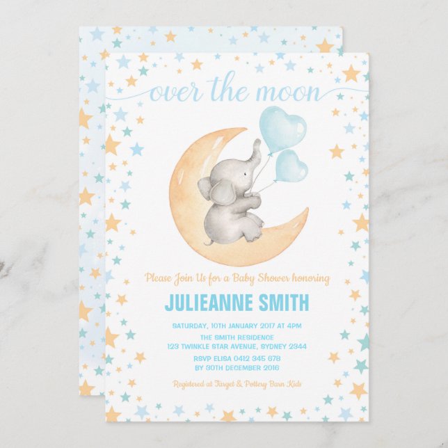 Boy Elephant Baby Siting on Moon Shower Invitation (Front/Back)