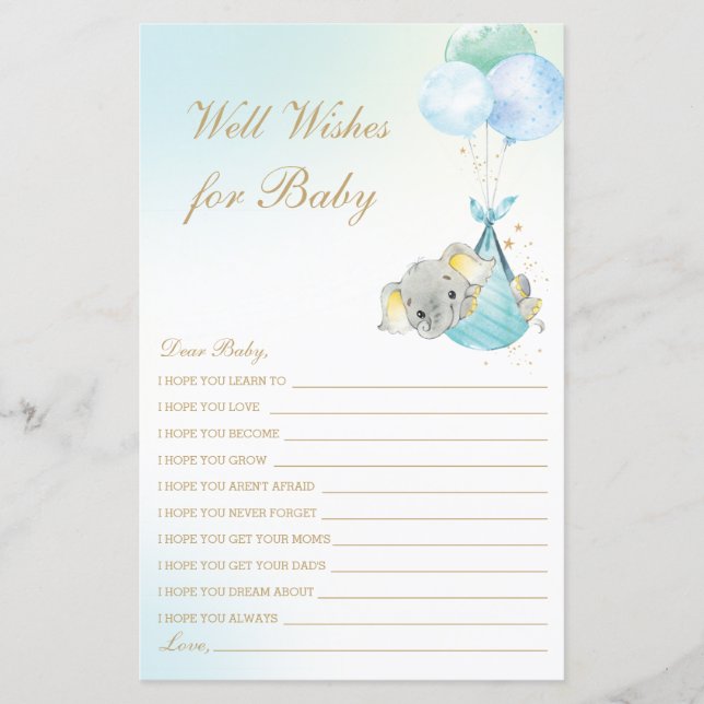 Boy Elephant Balloons Well Wishes for Baby Shower (Front)