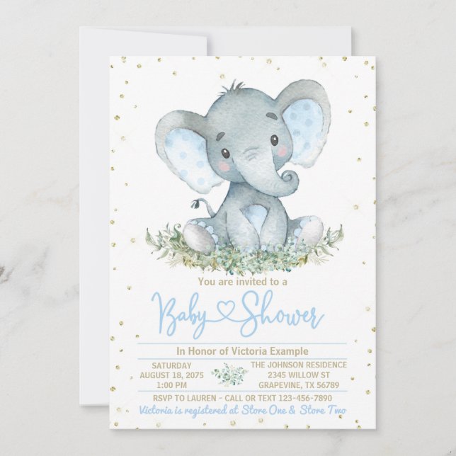 Boy Elephant Blue Gold Baby Shower Invitation (Front)