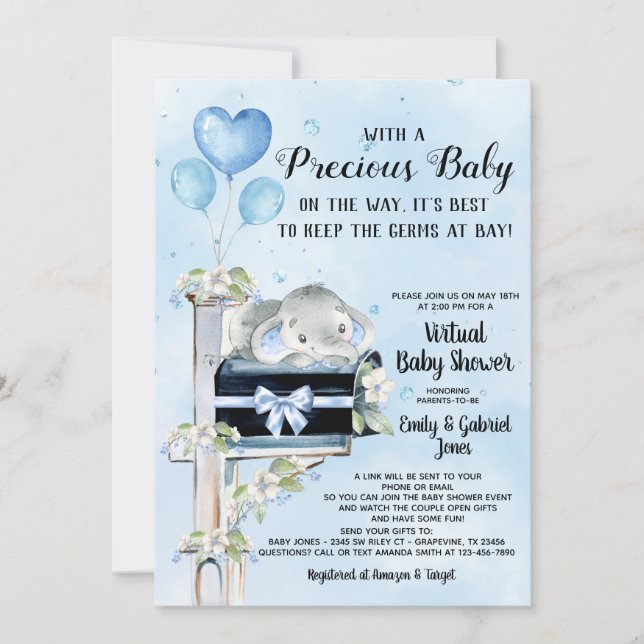 Boy Elephant Covid Baby Shower By Mail Invitation (Front)