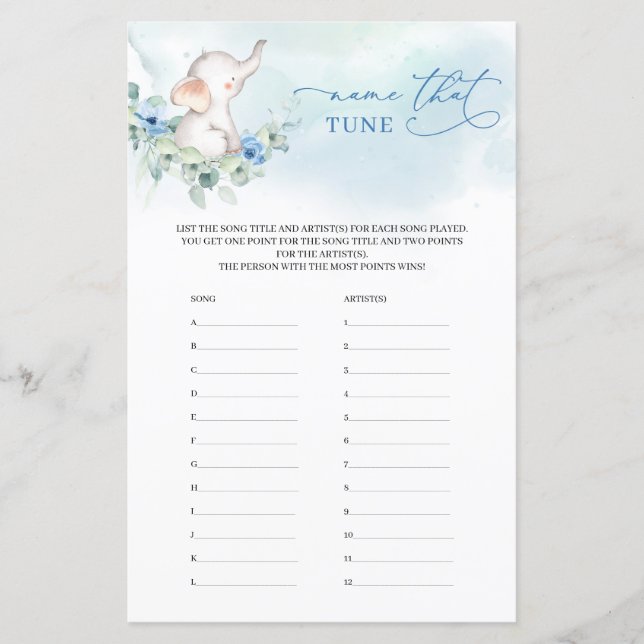 Boy Elephant Eucalyptus floral Name That Tune Game (Front)