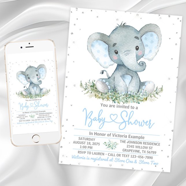Boy Elephant Glitter Baby Shower Invitation (Boy elephant baby shower invitation with cute baby elephant on a silver glitter background. )