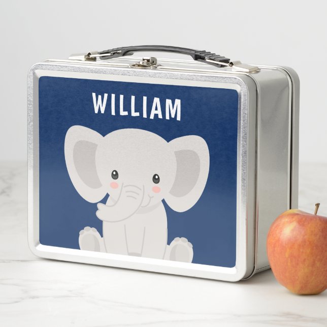 Boy Elephant Navy Blue Personalised Kids Metal Lunch Box (In Situ)