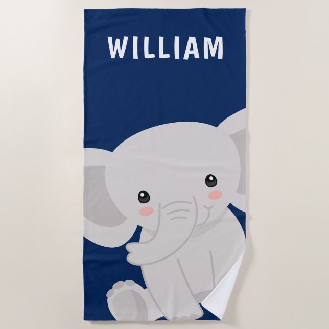 Boy Elephant Navy Blue Personalized Kids Beach Towel (Front)