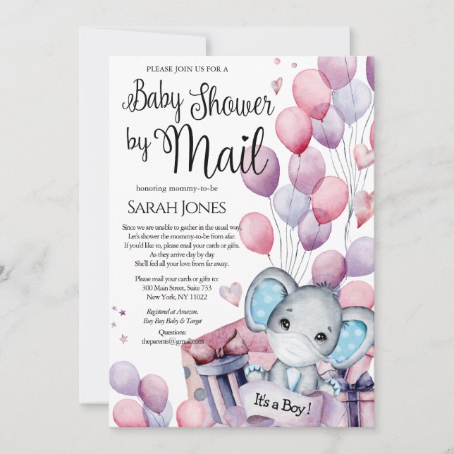 Boy Elephant Pink Balloons Baby Shower by Mail Invitation (Front)