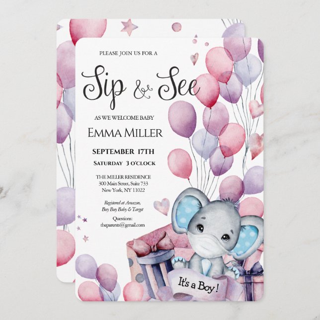 Boy Elephant Pink Balloons Baby Sip and See  Invitation (Front/Back)