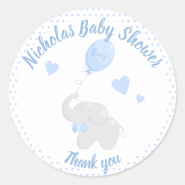 Boy Elephant Thank you Blue Baby Shower Favour Classic Round Sticker (Front)