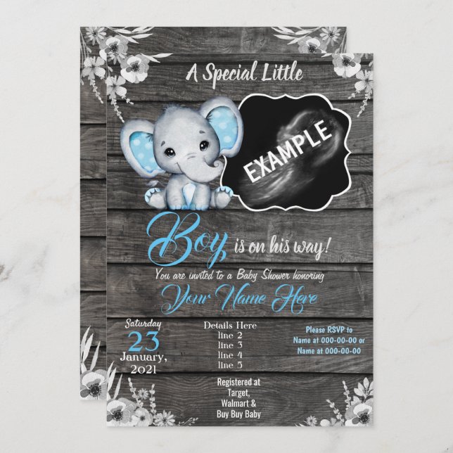 Boy Elephant Ultrasound Photo Invitation Blue (Front/Back)