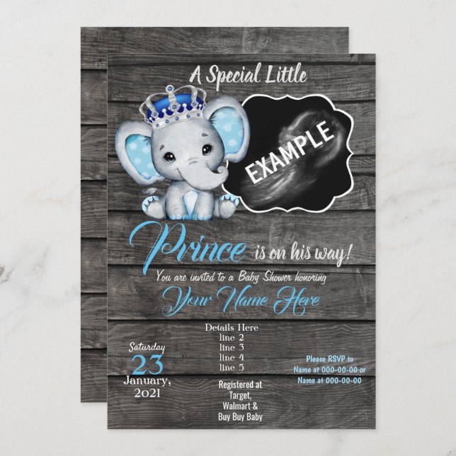 Boy Elephant Ultrasound Photo Invitation Blue (Front/Back)
