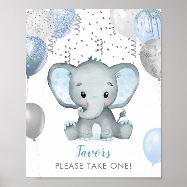 Boy Elephant Watercolor Baby Shower Favours Poster (Front)