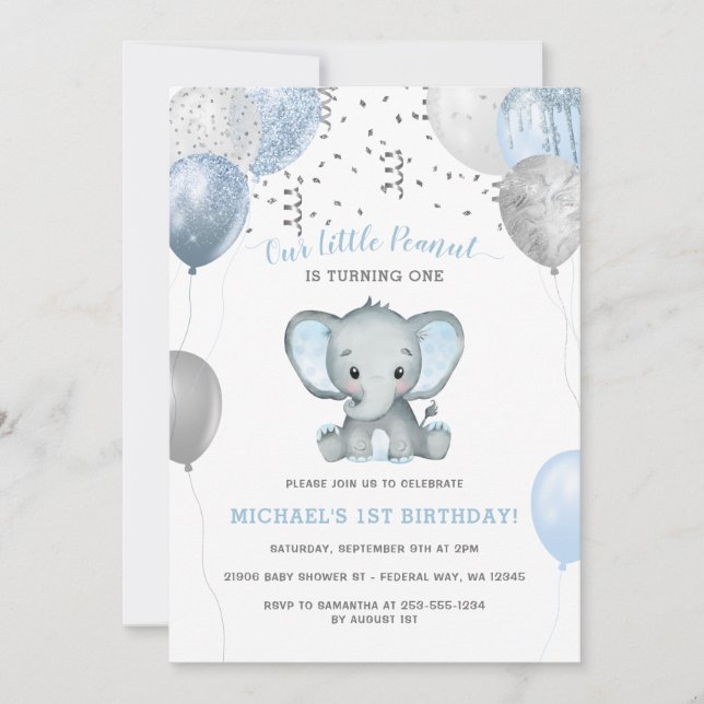 Boy Elephant Watercolor Balloons 1st Birthday Invitation (Front)