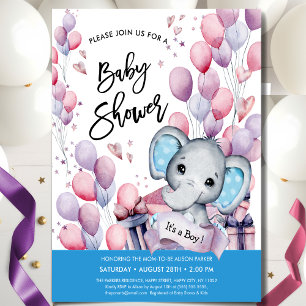 Boy Elephant Watercolor Blue Balloons Baby Shower Invitation
