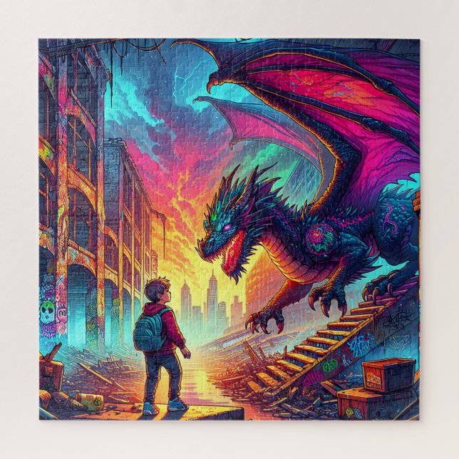 Boy Encounters a Dragon in a Dystopian World Jigsaw Puzzle (Vertical)
