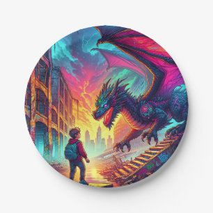 Boy Encounters a Dragon in a Dystopian World Paper Plate