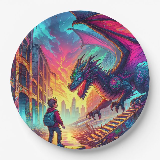 Boy Encounters a Dragon in a Dystopian World Paper Plate (Front)