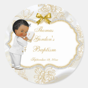 Boy Ethnic Baptism Communion Bible Cross Classic Round Sticker