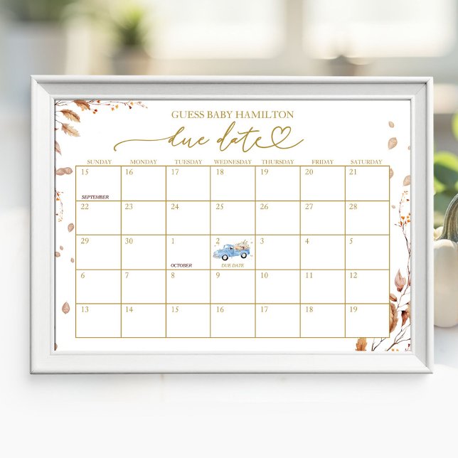 Boy Fall Baby Shower Due Date Calendar Poster (Creator Uploaded)