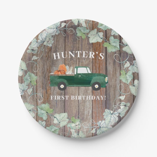 Boy Fall Birthday Green Truck and Pumpkins  Paper Plate (Front)