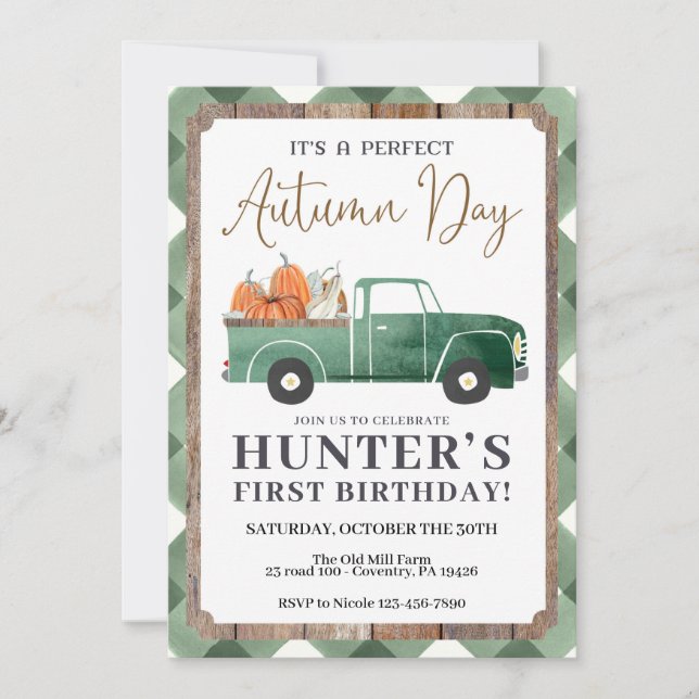 Boy Fall Birthday Invitation, FALL First Birthday Announcement (Front)