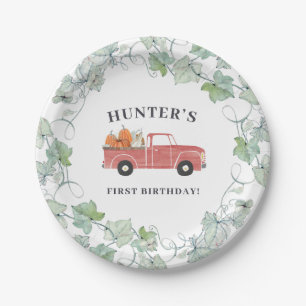 Boy Fall Birthday Red Truck and Pumpkins Paper Plate