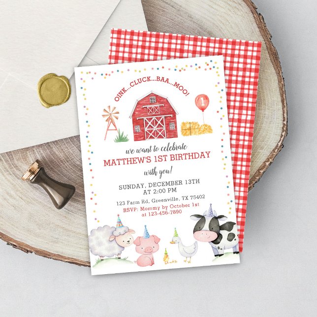 Boy Farm Animals Red Birthday Invitation (Creator Uploaded)