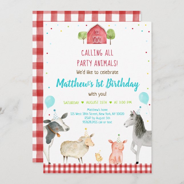 Boy Farm Party Animal Birthday Invitation (Front/Back)