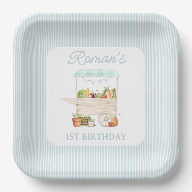 Boy Farmers Market Vegetable Stand Birthday Paper Plate (Front)