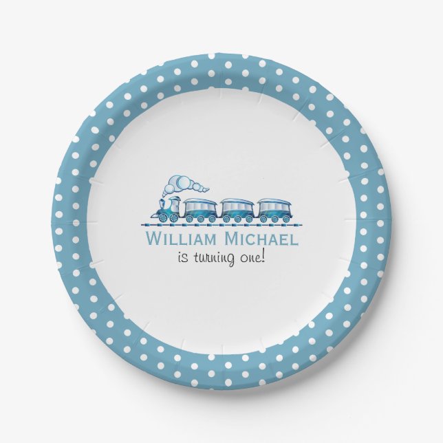 Boy First Birthday Blue Trains Paper Plate (Front)