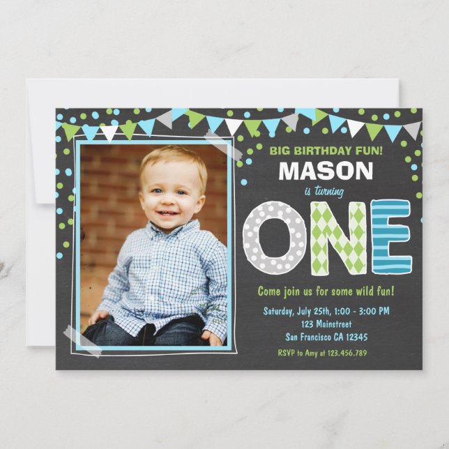 Boy First Birthday Chalkboard Invitation (Front)