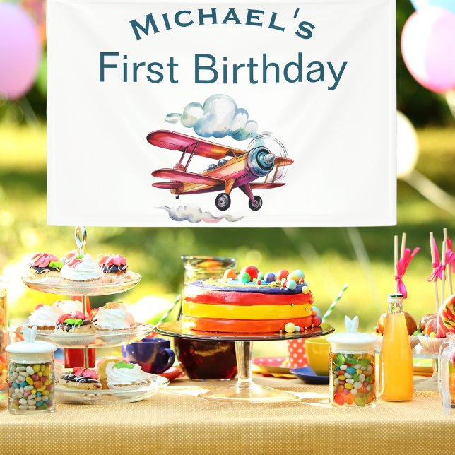 Boy First Birthday Custom Name Aeroplane Aviator Banner (Creator Uploaded)