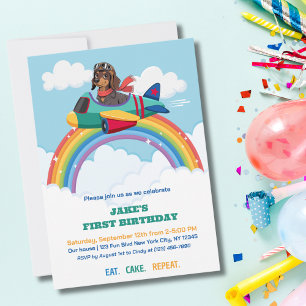 Boy First Birthday Dog Pilot Aeroplane Clouds Cute Invitation