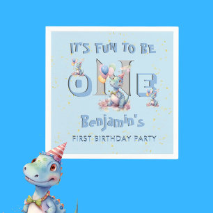 Boy First Birthday Fun One Dinosaur Cocktail Napkin