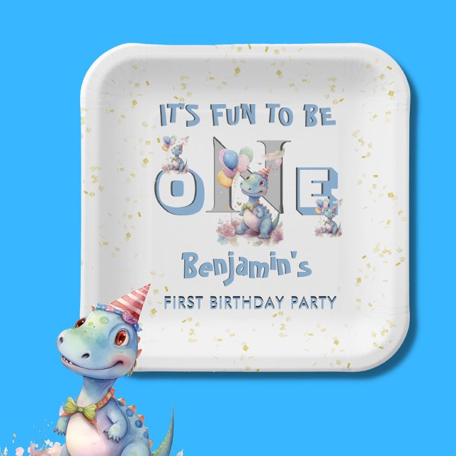 Boy First Birthday Fun One Dinosaur  Paper Plate (Creator Uploaded)