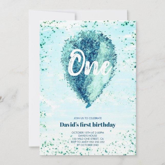 Boy First Birthday Glitter Blue Balloon Invitation (Front)