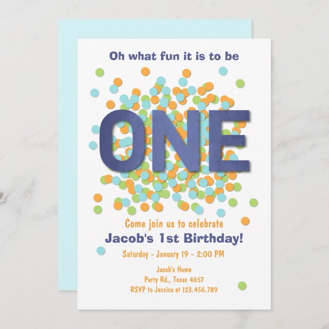 Boy First Birthday Invitation Confetti ONE blue (Front/Back)